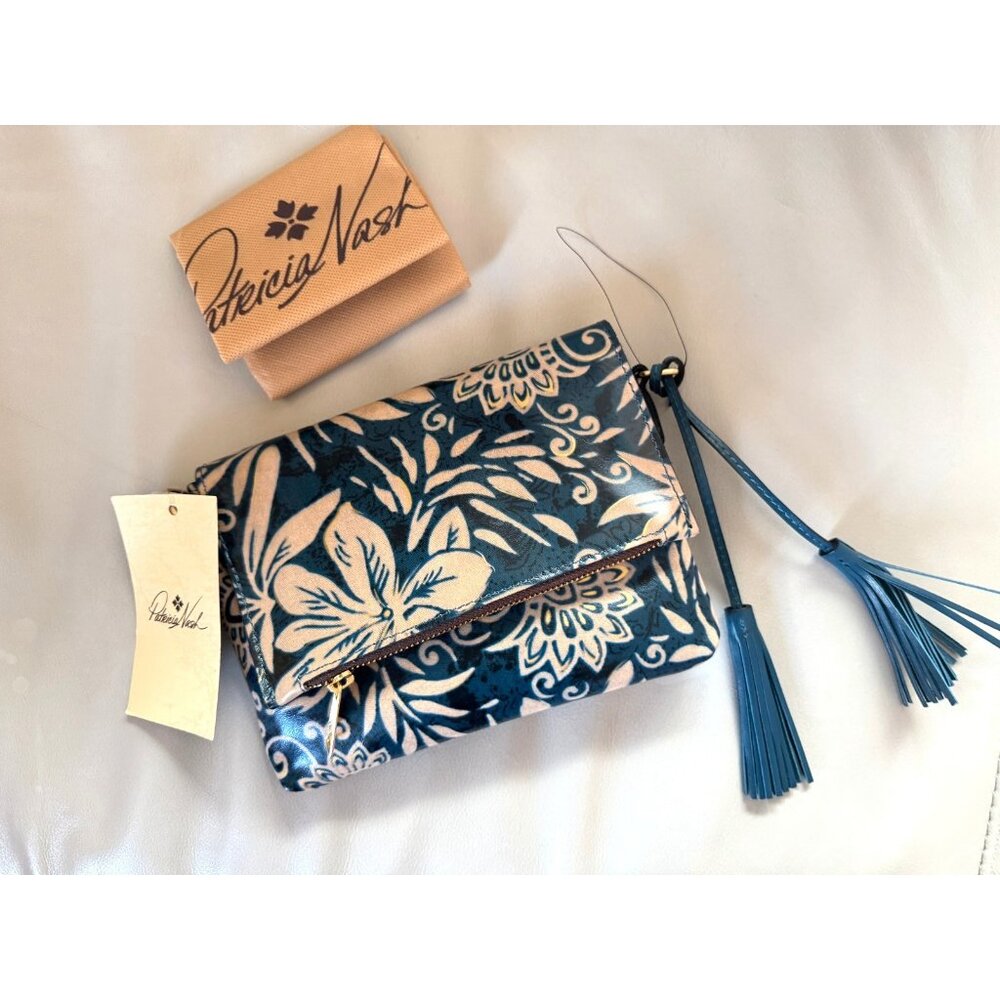 Patricia Nash Corfu Heritage Vintage leather clutch + dust bag GREEN FLORAL